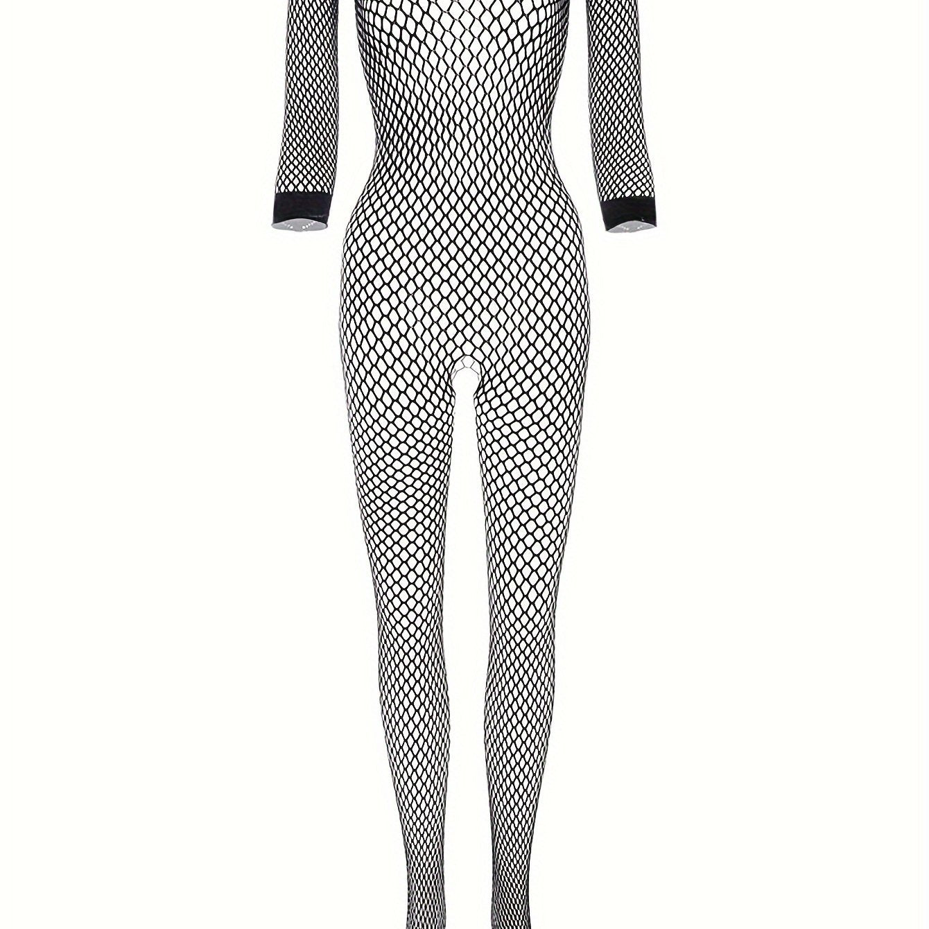 Women’s Fishnet Bodysuit Sheer Hollow-Out Long Sleeve Stretch Nylon Exotic Lingerie