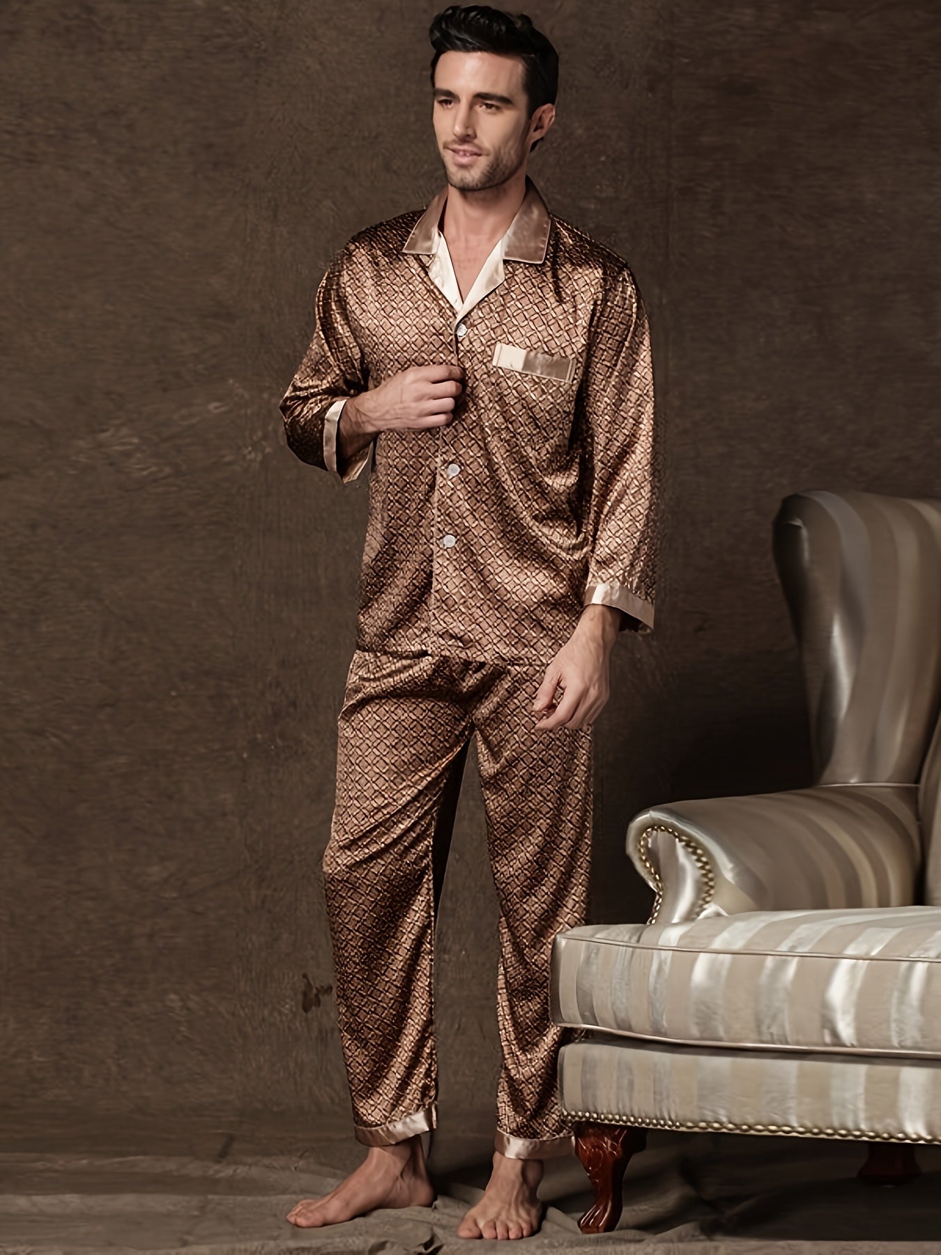 Men's Vintage Geometric Print Pajama Set Long Sleeve Trousers Lounge Wear Polyester
