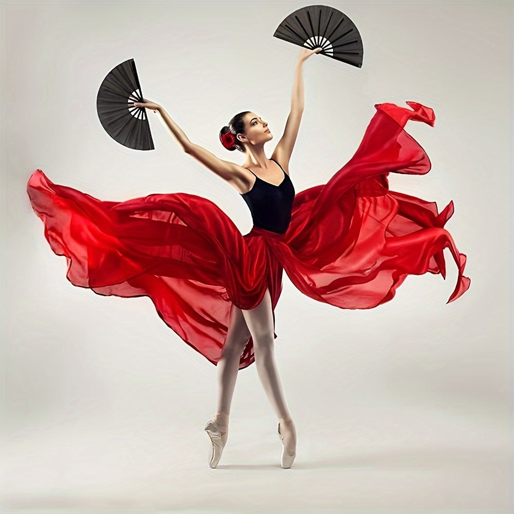 Black Folding Fan Set 2 Pieces Handheld Nylon Cloth Chinese Kung Fu Festival Party Favors