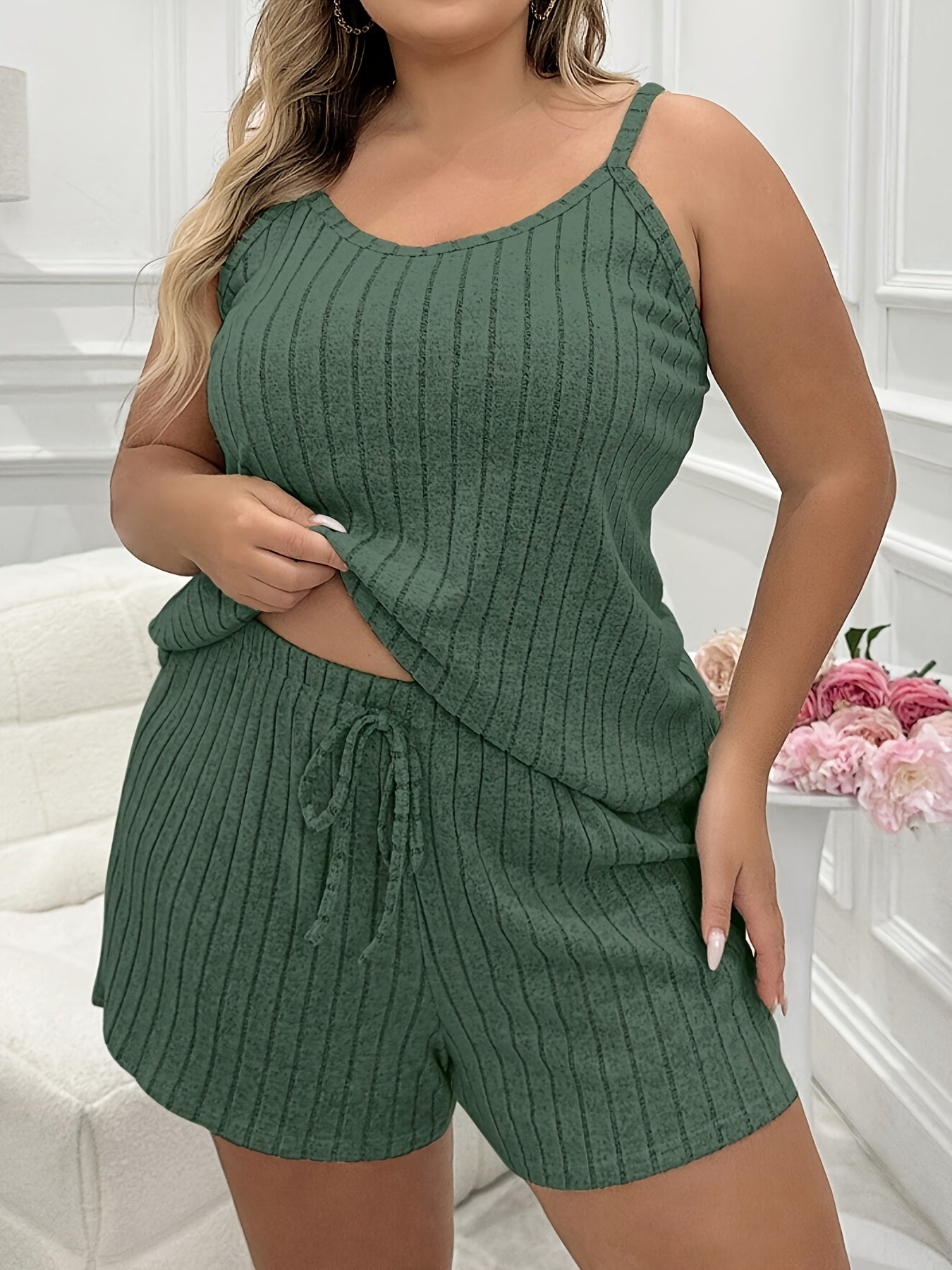 Women's Lounge Set Ribbed Tank Top and Shorts Solid Polyester Casual Comfortable