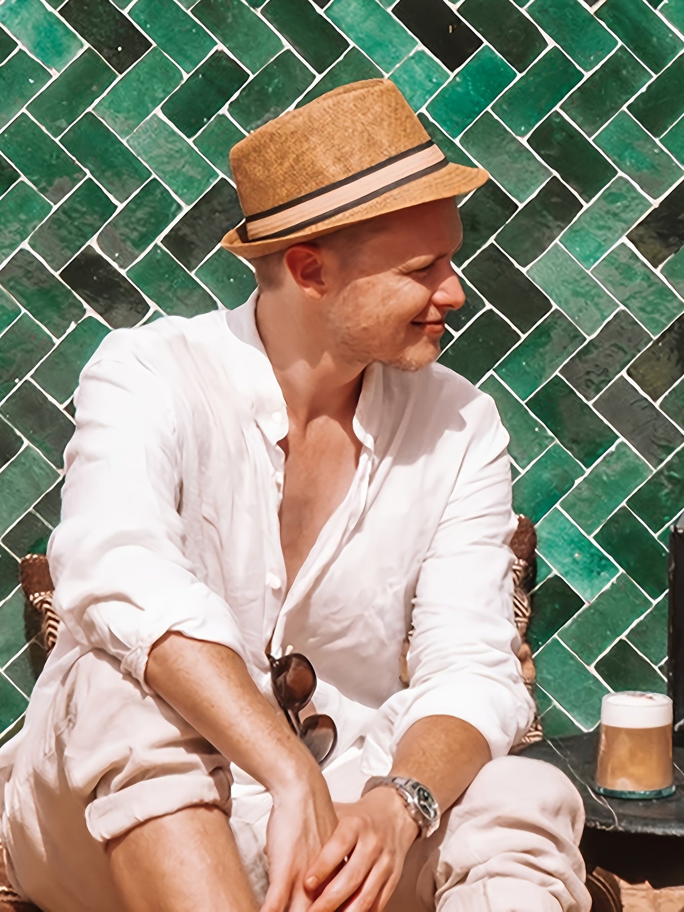 Men's Beige Linen Henley Shirt with Stand Collar Split Sleeves Regular Fit for Spring Fall