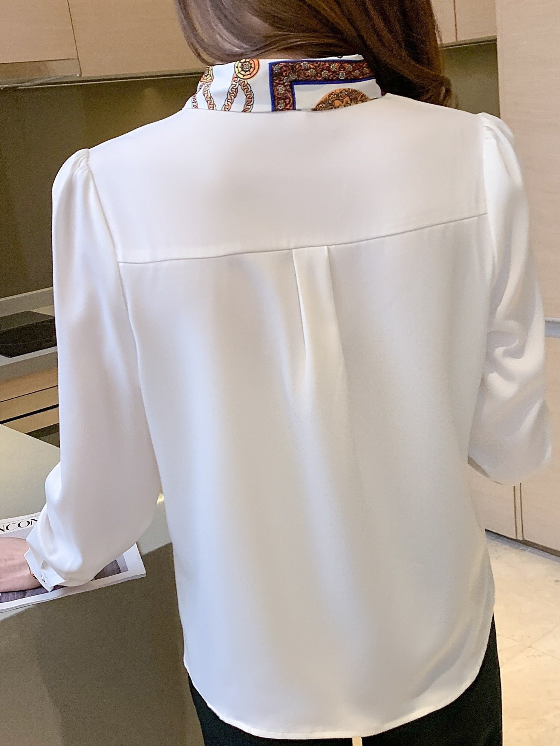 Women's Polyester V-Neck Blouse with Print Pattern and Button Embellishments