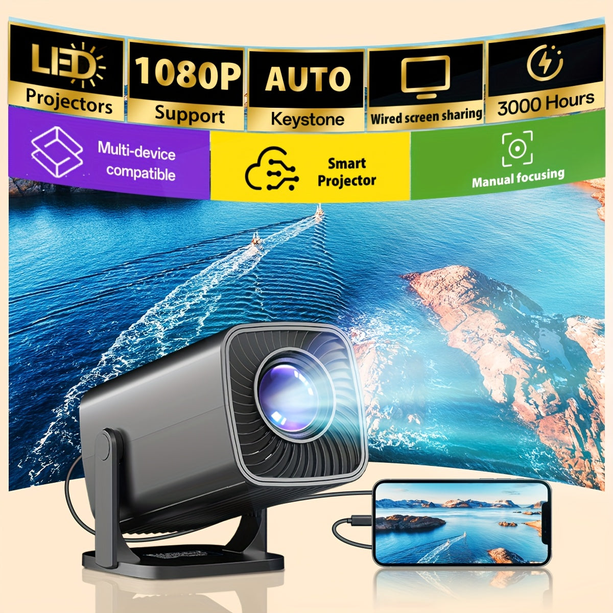 Portable Video Projector for Home Theater 1080P USB Compatible With Remote