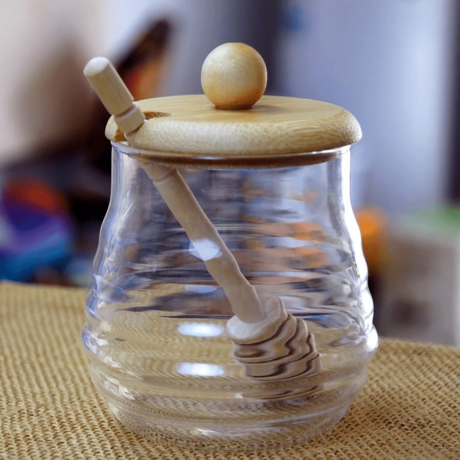 Glass Honey Jar with Bamboo Lid and Dipper for Kitchen Storage and Baking