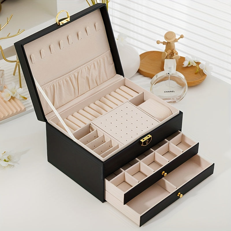 Leather Jewelry Box with Lockable Compartments and Velvet Interior for Home Storage