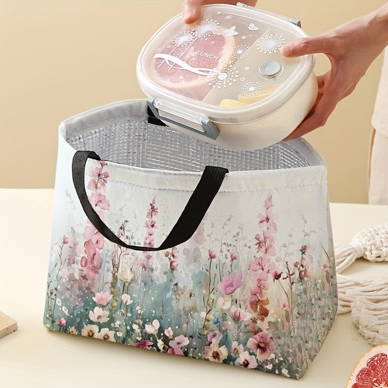 Insulated Floral Lunch Tote Bag for Men Women Leak-Proof Reusable Polyester Square Thermal Lunch Box for Office Beach Travel