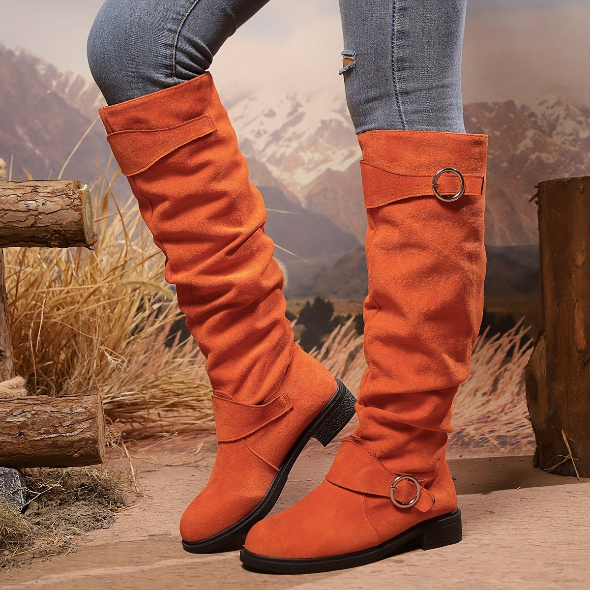 Women's Leather Button Pleated High Top Knee Boots