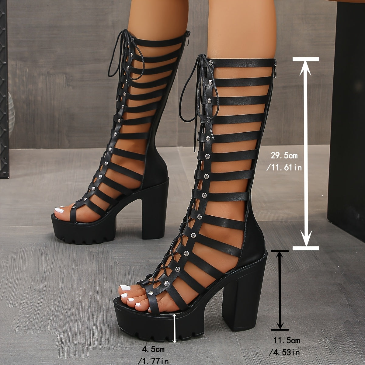 Women's Punk Style Chunky High Heel Ankle Boots with Zipper and Open Toe