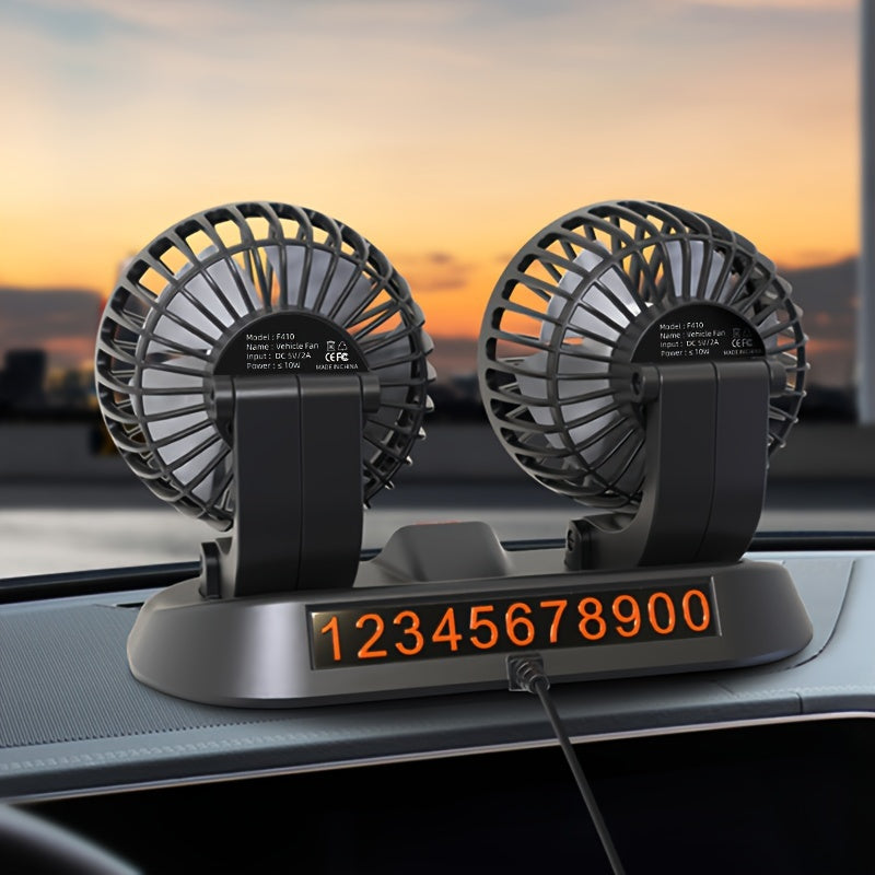 Dual-Head USB Car Fan with 3 Speeds and 360° Rotation for Vehicles and Office