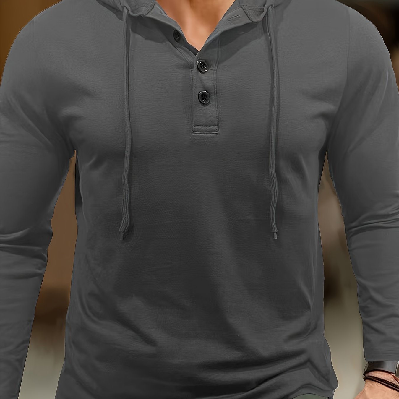 Plus Size Men's Olive Green Hooded Henley Shirt Casual Sporty Cotton Blend