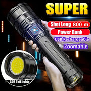 1500 Lumens LED Flashlight USB Rechargeable Zoomable COB Tail Light for Camping Hunting Outdoor