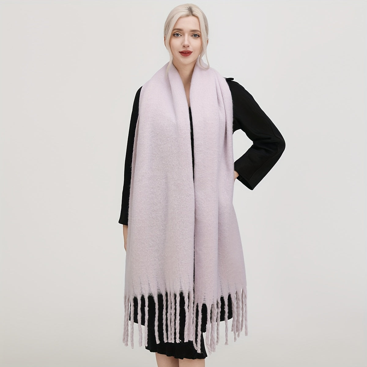 Women's Autumn Winter Solid Color Fringe Scarf Soft Windproof Large Shawl