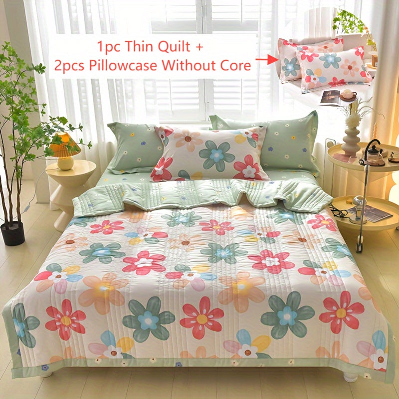 Floral Printed Quilt Set for All Seasons with Pillowcases for Single Double Bed Sofa Guest Room Home