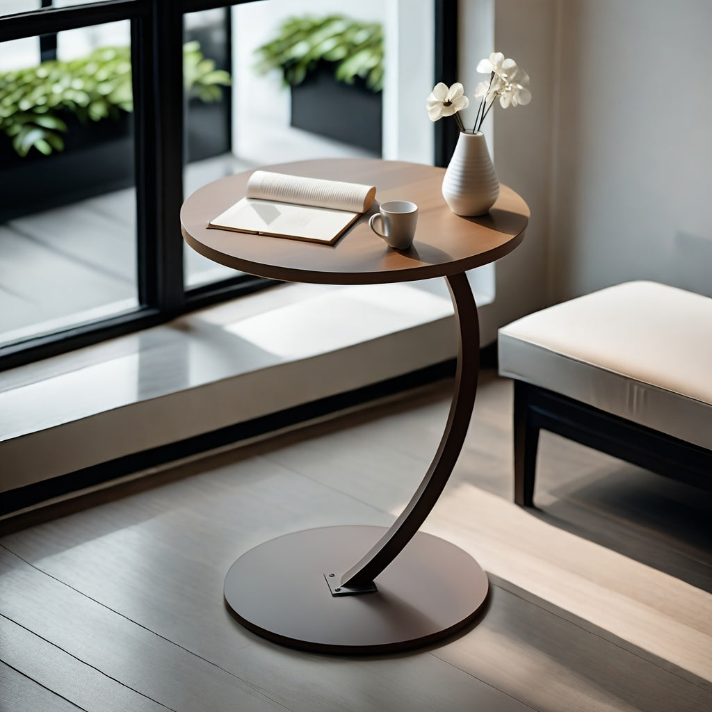 Mesita de metal y madera con acabado en roble, almacenamiento, base pedestal que ahorra espacio