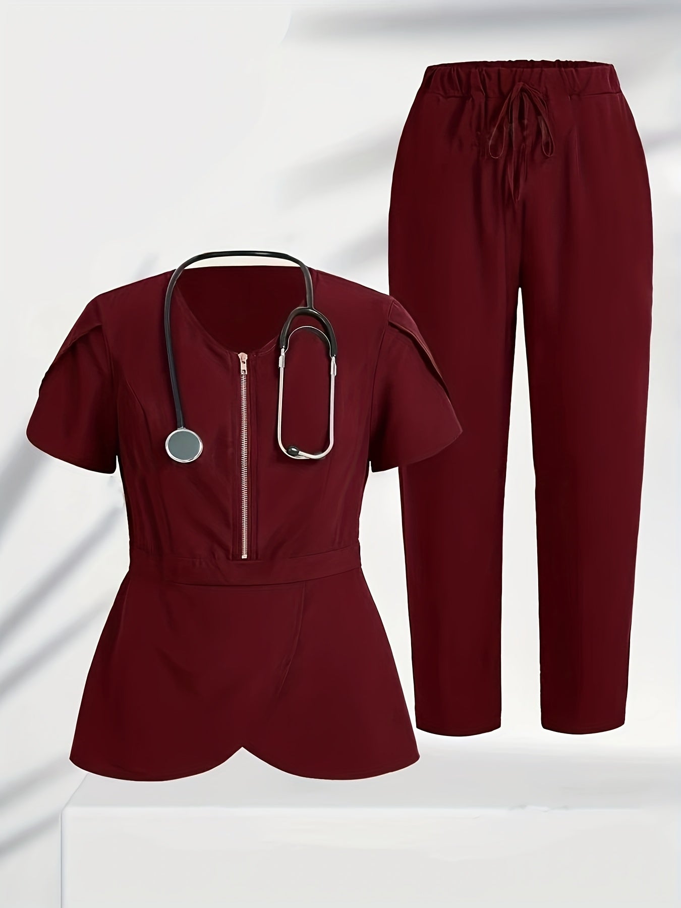 Women's Solid Color Polyester Scrub Set with Collarless Design Short Petal Sleeves and Zipper