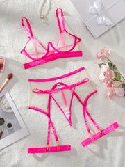 Conjunto de lencería de malla transparente para mujer con sujetador, tanga y liga con ribete en contraste