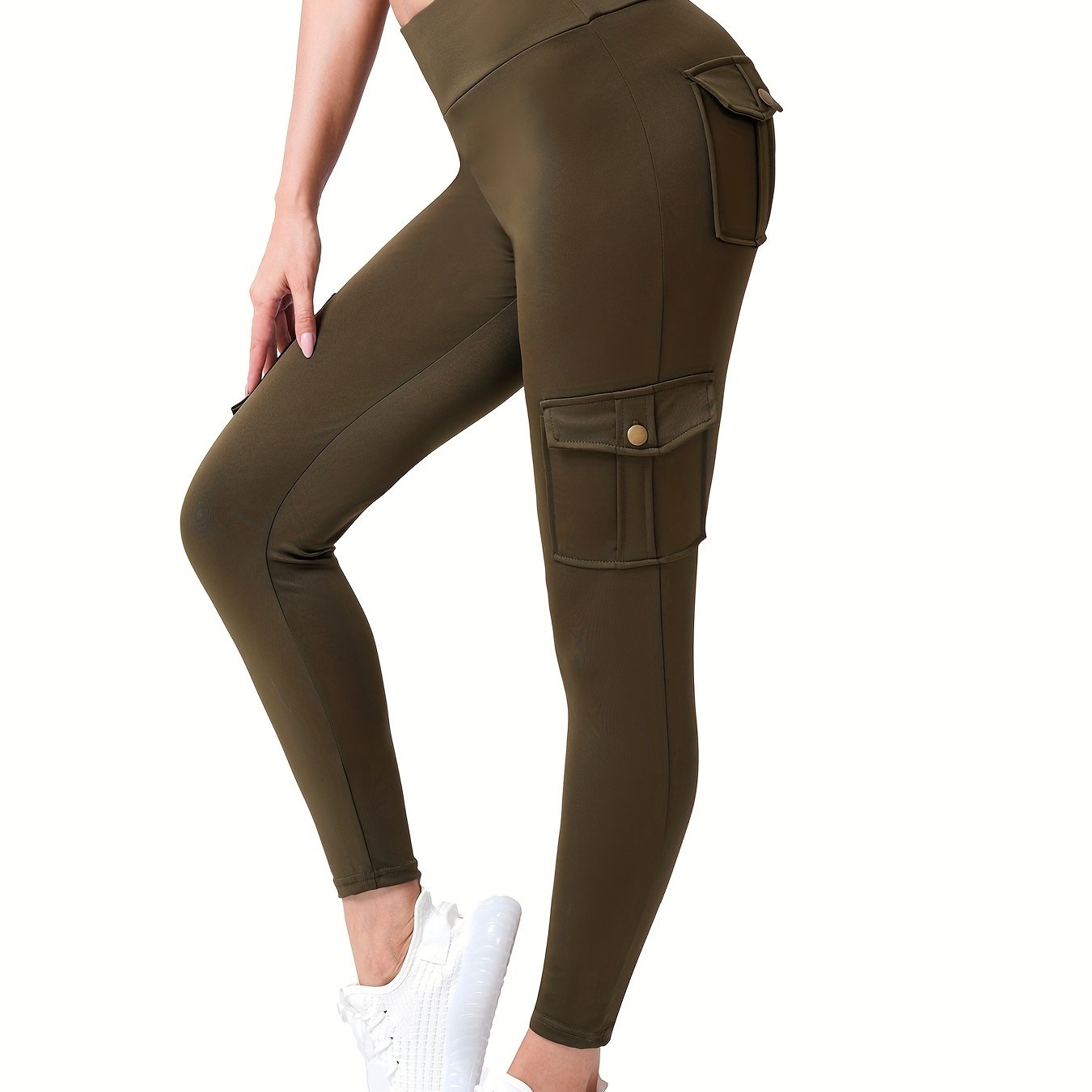 High Waist Leggings with Four Pockets Solid Color Mid Elasticity Knit Fabric for Women