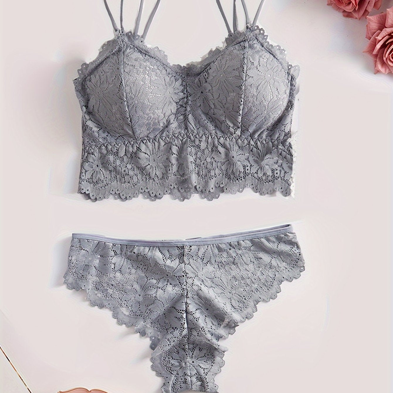 Women’s Lace Sunflower Suspender Lingerie Set No Steel Ring Monochrome