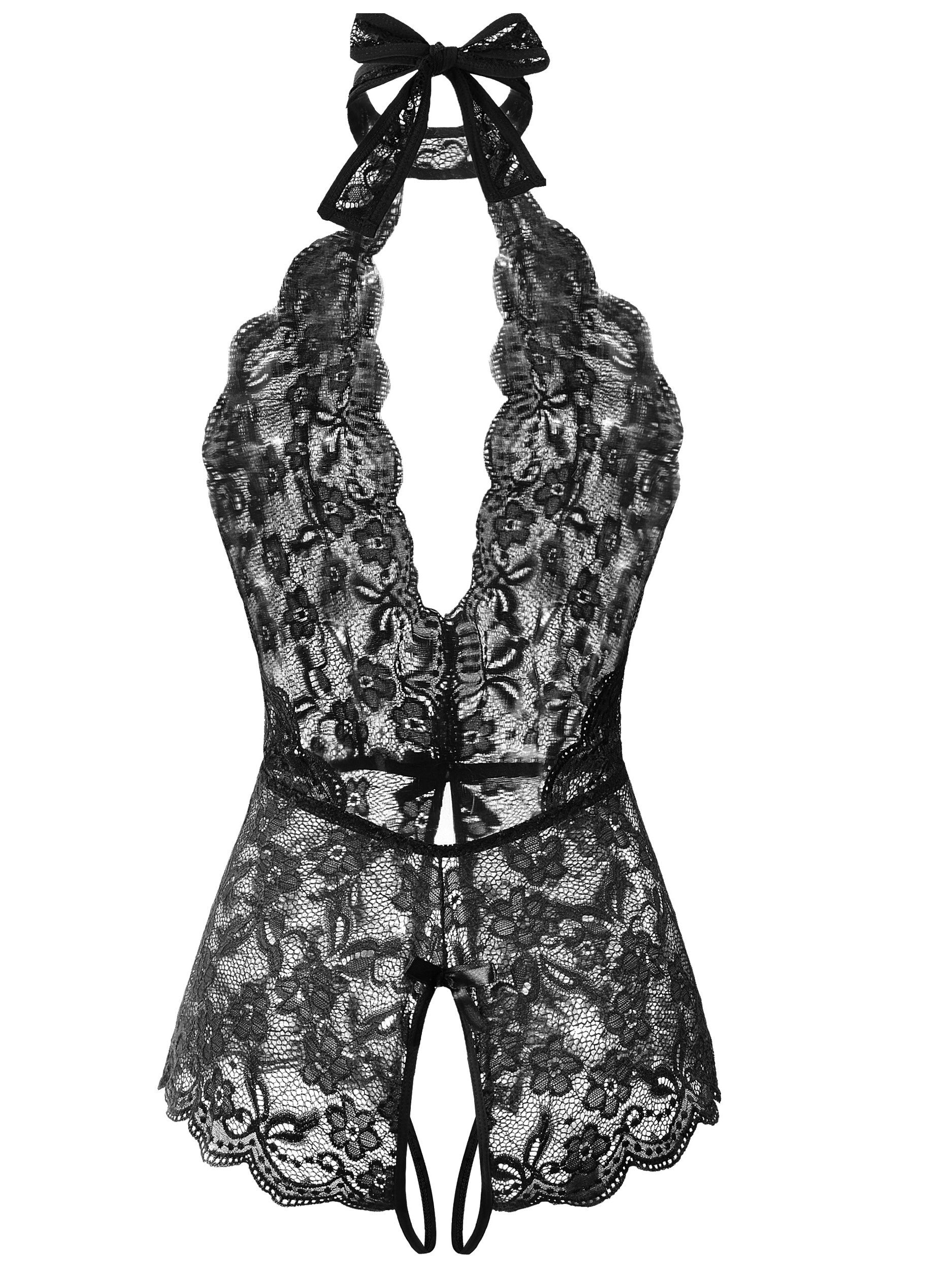 Women's Black Lace Velvet Teddy with Deep V Neck Backless Adjustable Straps