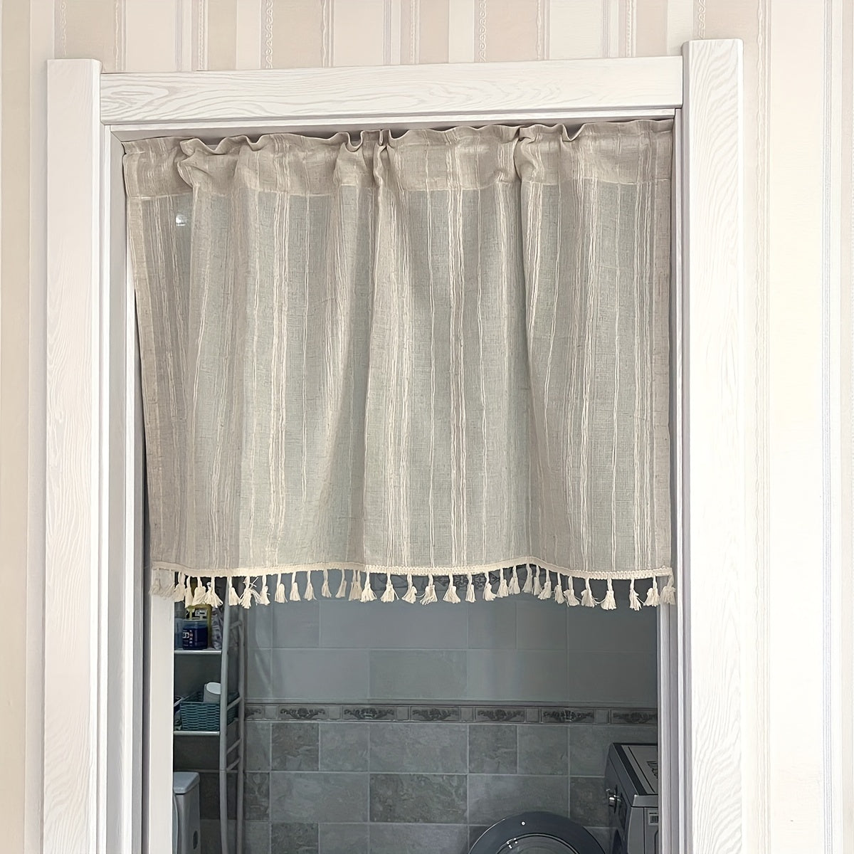 Vintage Linen Blend Cafe Curtain with Tassel Edges Light-Filtering Rod Pocket for Kitchen Dining