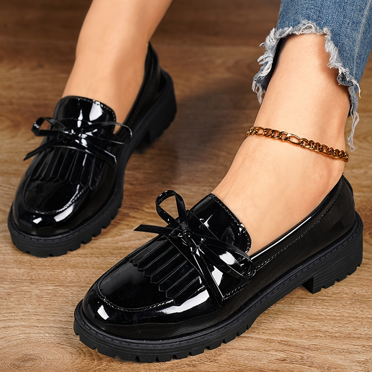 Women's Leather Tassel Loafers with Chunky Heel and Bowknot