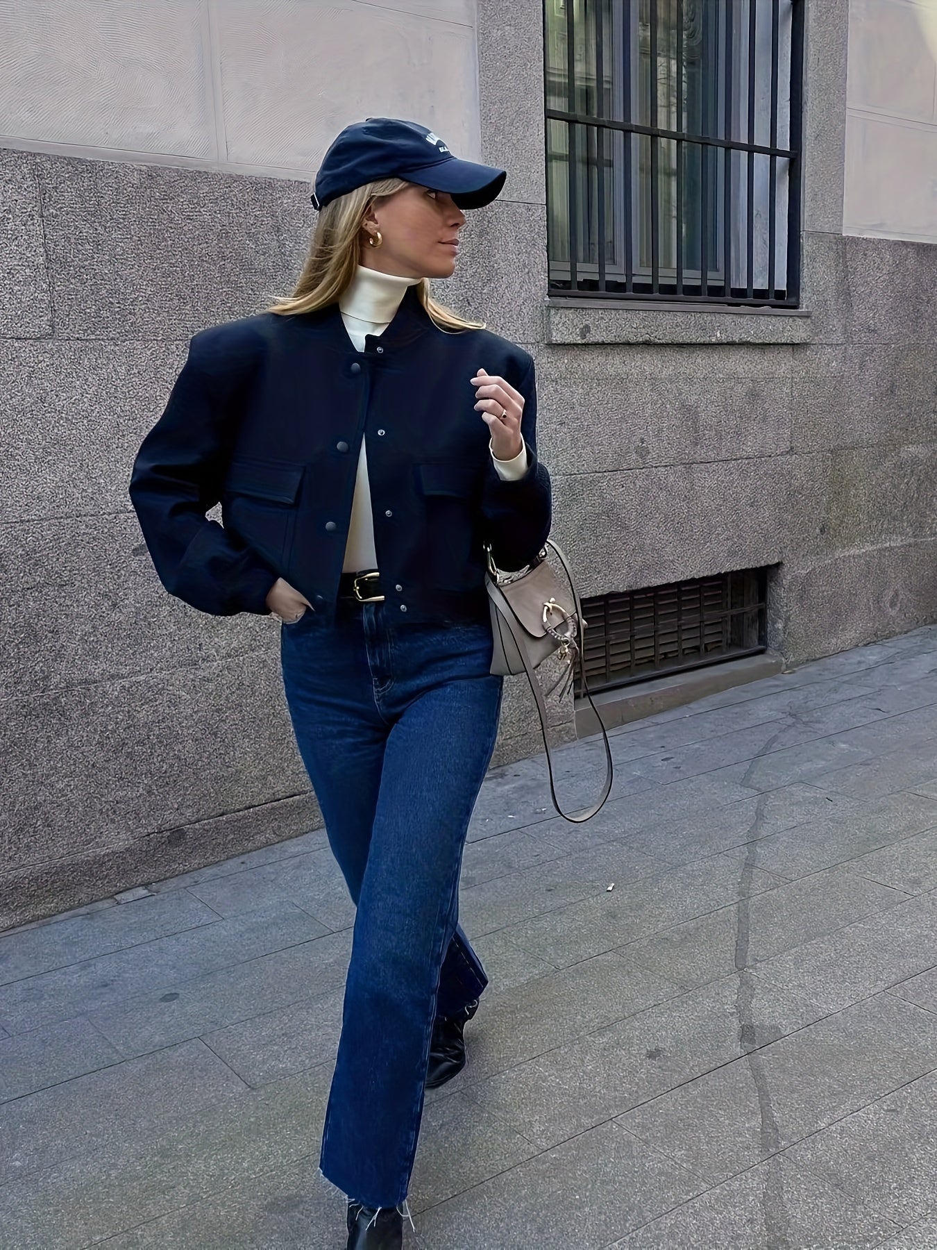 Women's Polyester Casual Bomber Jacket with Stand Collar and Large Pockets for Spring Fall