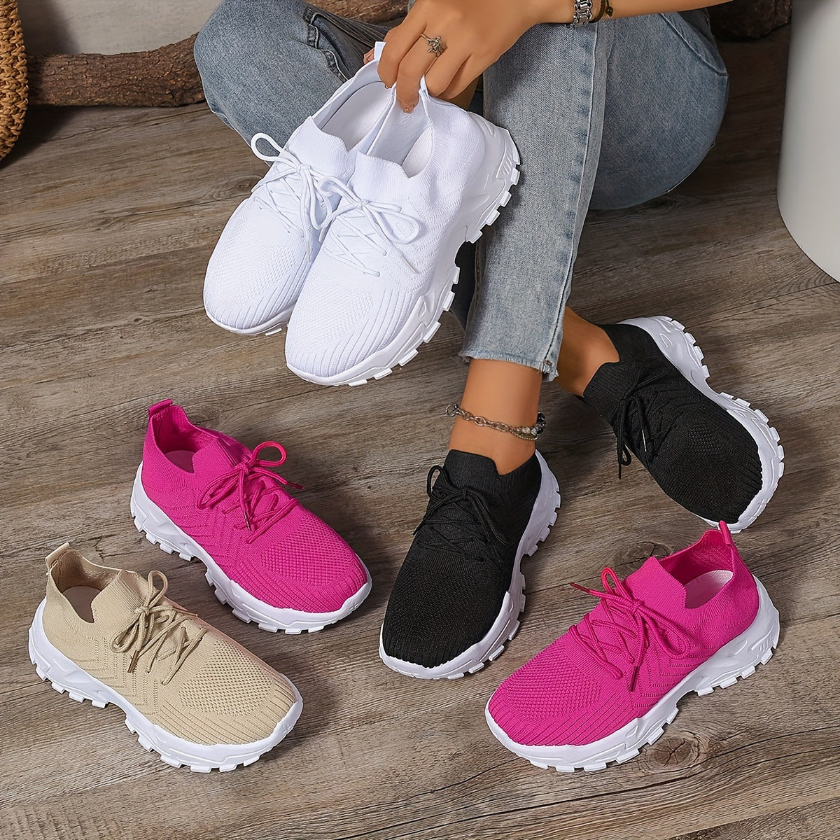 Women's Solid Color Breathable Mesh Sneakers Casual Walking Shoes