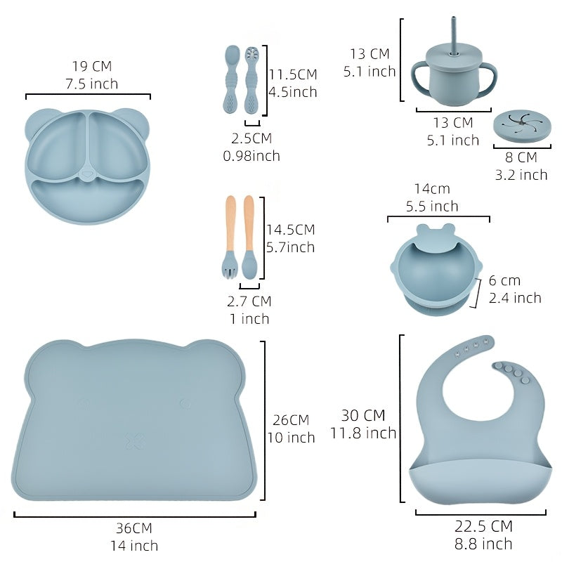Silicone Baby Feeding Set 10 Pieces for Ages 0-3 Non-Slip Plate Bowl Bib Straw Cup Spoon Fork