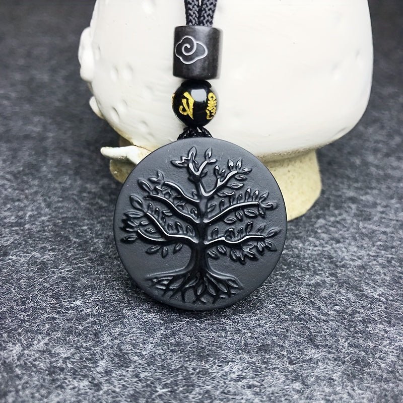 Men's Obsidian Life Tree Pendant Necklace Natural Black Stone Jewelry