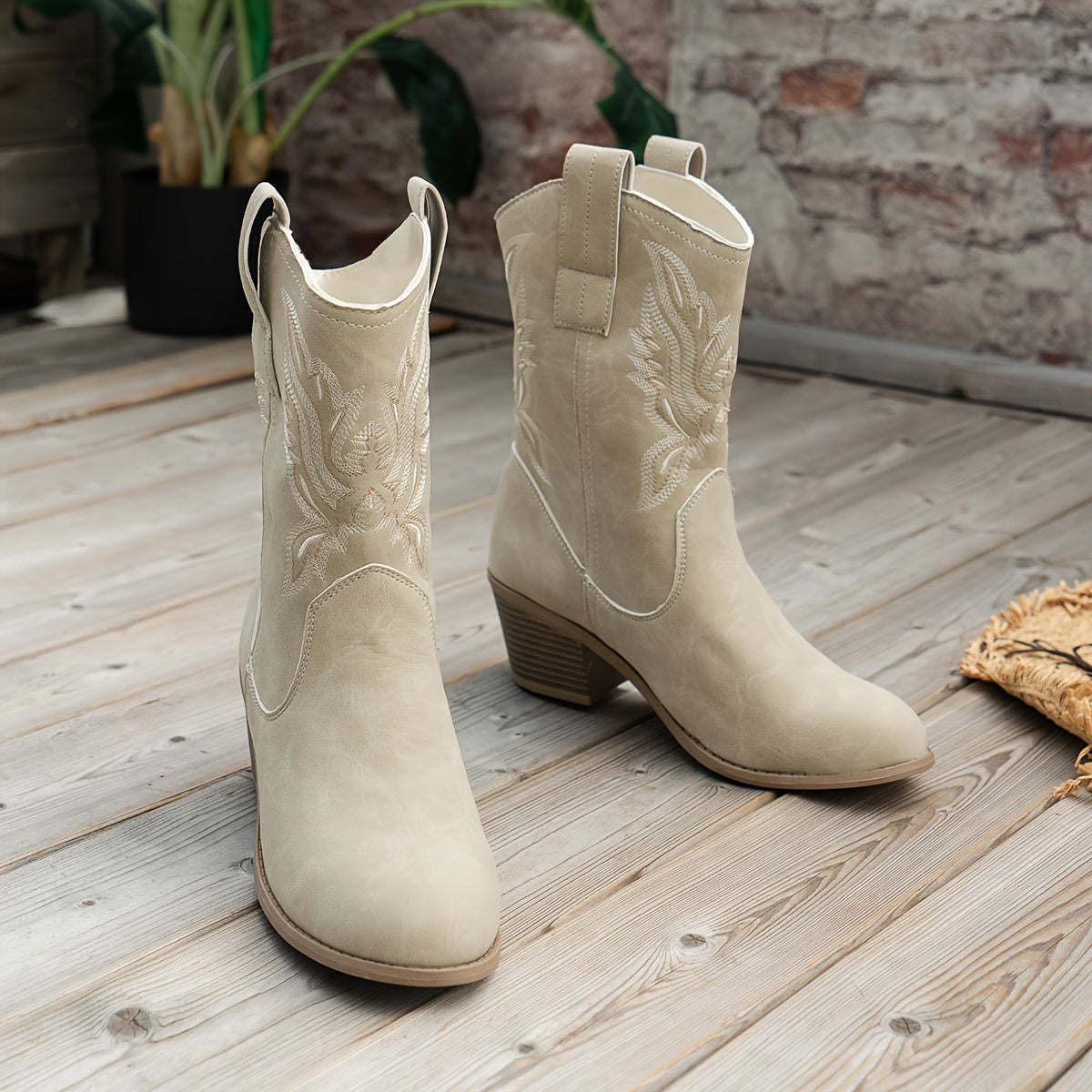 Women's Western Style Mid-Calf Boots Faux Cover Slip-On Pointed Toe Embellished Heels