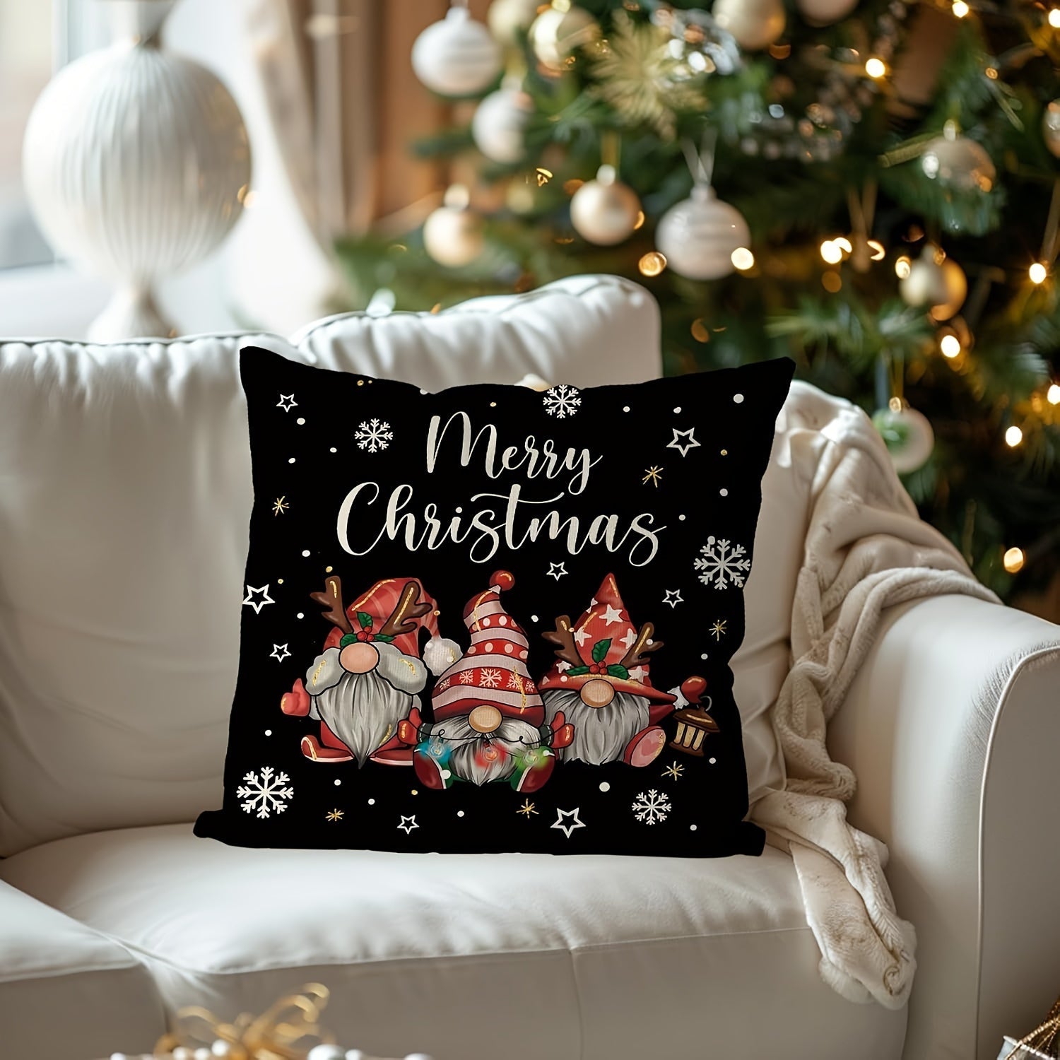 Christmas Gnome Pillowcase Single Sided Print Zip Closure Easy to Clean Sofa Decor