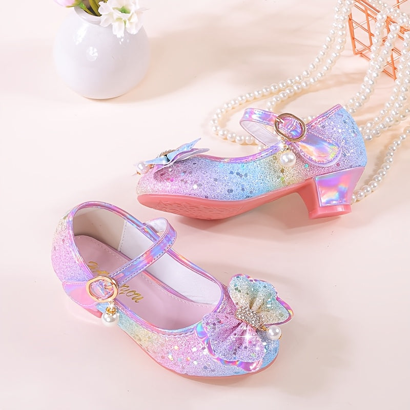 Girls Sequin High Heels with Bowknot Glittery Pastel Colors for Parties and Performances