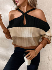 Women's Plus-Size Off-Shoulder Top Black Beige Stripes Soft Stretchy Fabric