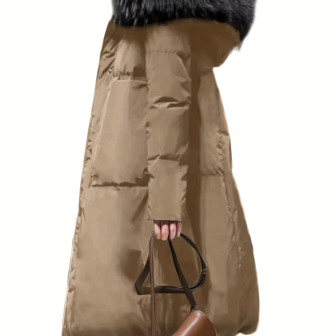 Winter Long Coat with Hood Faux Fur Trim Solid Color Polyester Casual Warm Outerwear