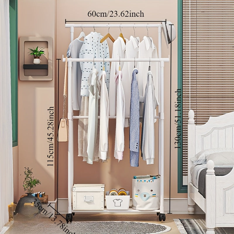 White Metal Clothes Rack with Shoe and Hat Storage, Dual-Pole, Mobile Coat Organizer
