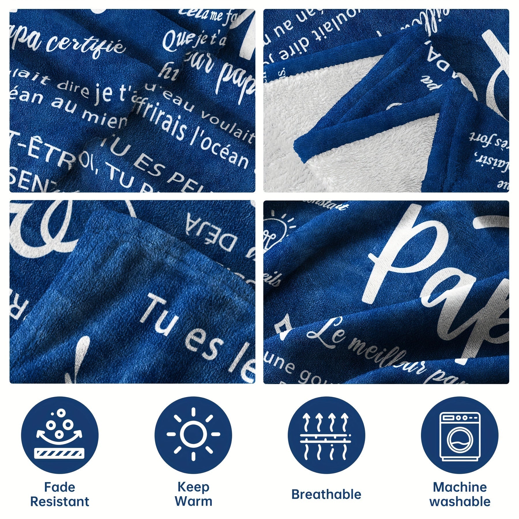 Contemporary French Letter Print Flannel Throw Blanket Hypoallergenic Machine Washable Tear-Resistant for Couch Bed Camping Travel