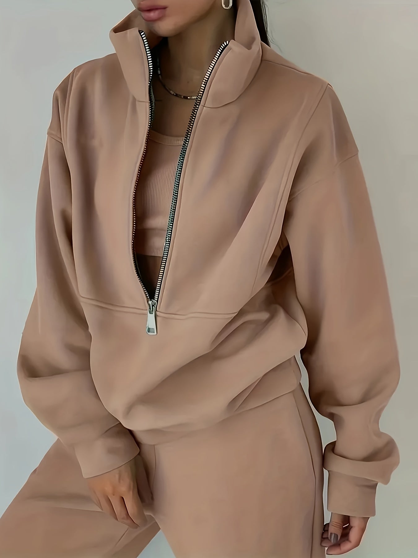 Women's Polyester Hoodie Set with High Neck Zipper Knit Fall Winter Solid Color