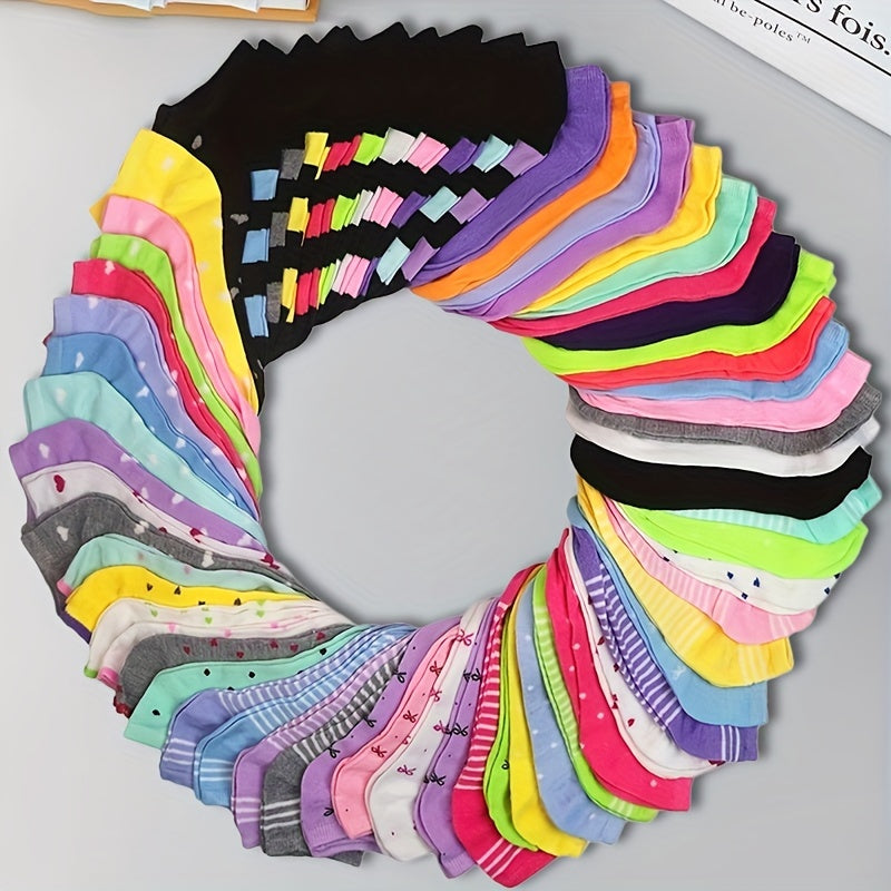20 Pairs Women's Rainbow Low-Cut Socks with Heart Bow Stripe Prints 100% Polyester