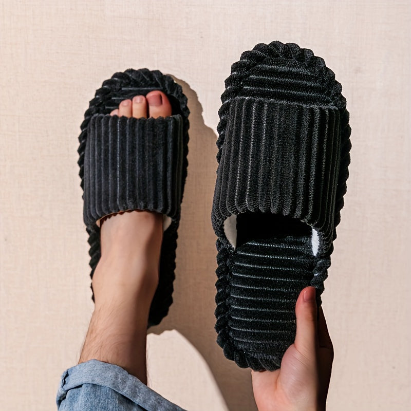 Men's Corduroy Striped Indoor Slippers with Fabric Lining and EVA Sole