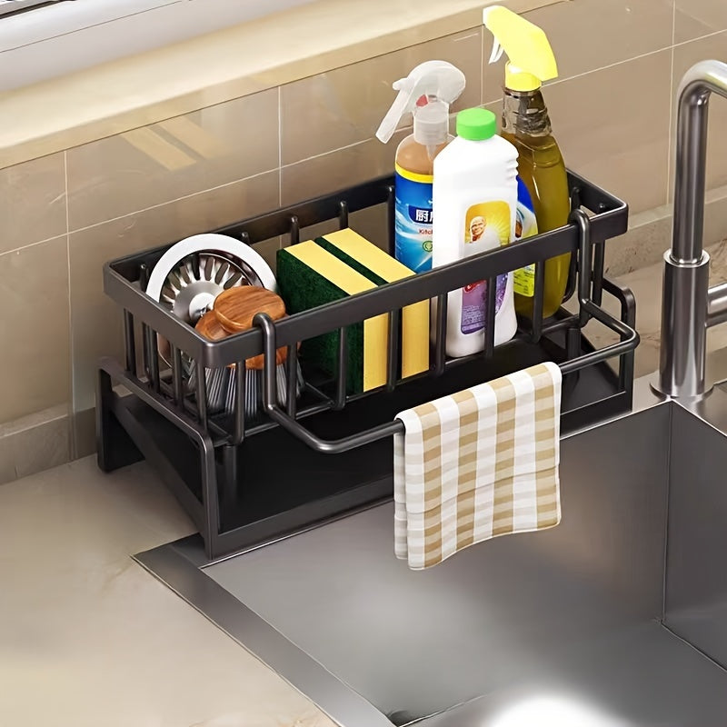 Kitchen Sink Organizer with Drain Rack and Storage Basket for Sponges and Detergents