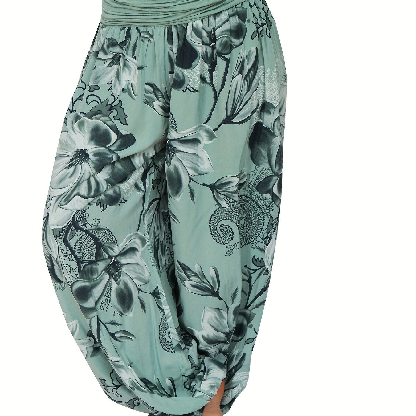 Pantalones harem de estampado floral para mujer en azul y blanco, de poliéster ligero, con pierna ancha, estilo casual para vacaciones