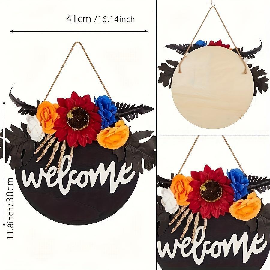 Wooden Halloween Door Sign Yellow Black Wreath Welcome Decoration