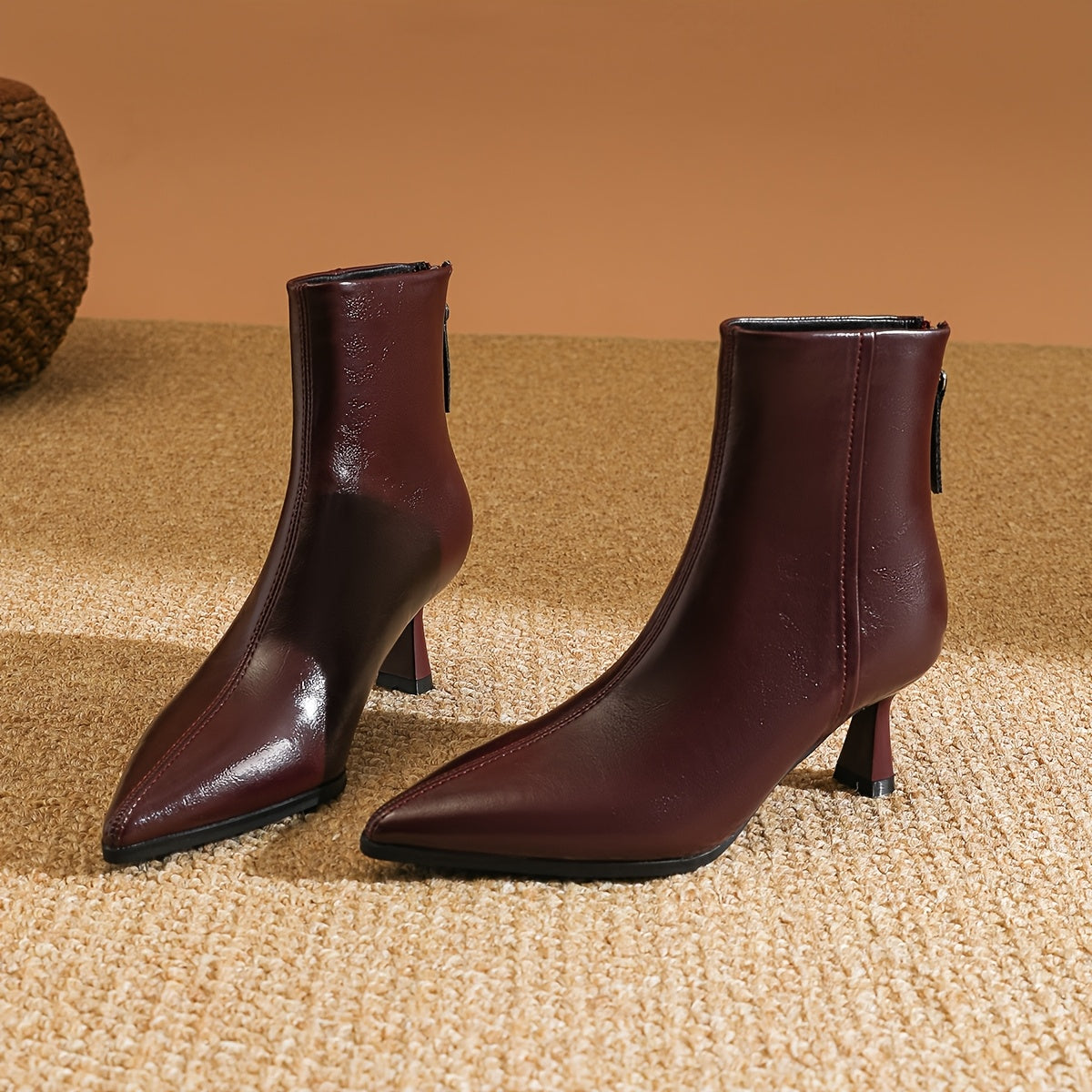 Women's Faux Leather Ankle Boots with Pointed Toe and Back Zipper