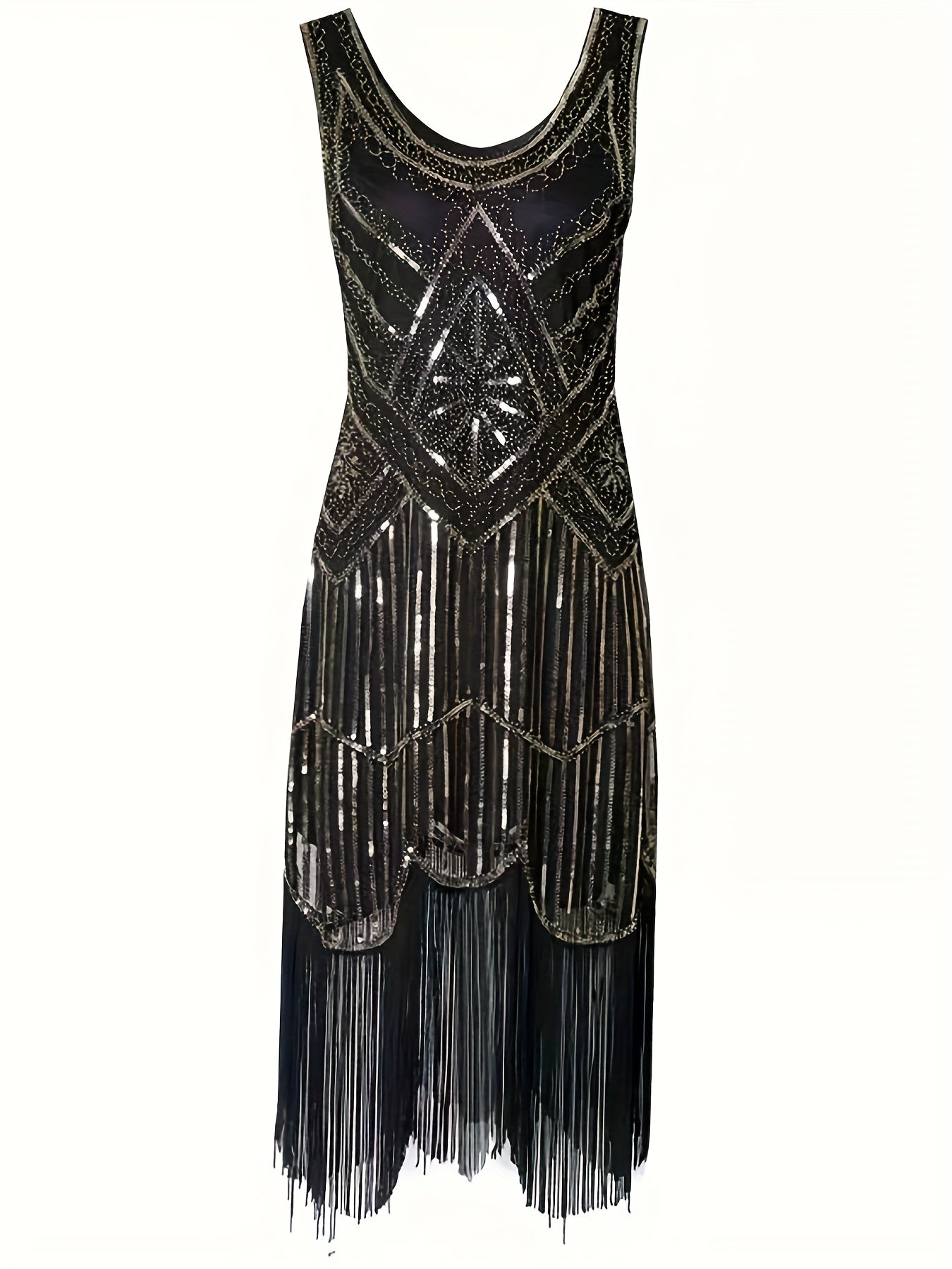 Women's Beaded V-Neck Sleeveless Wedding Dress Black Geometric Embroidery