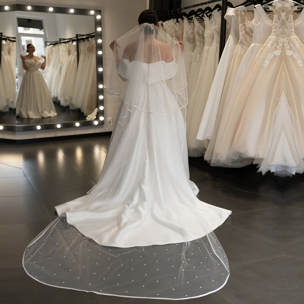 Double Pearl Veil for Brides with 2.5 Meters Length Church Ribbon Hem Hair Comb