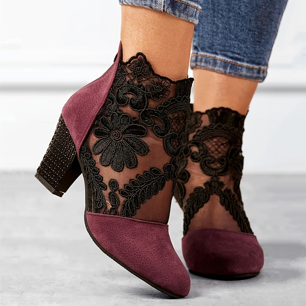 Women's Black Lace Ankle Boots with Floral Pattern, Chunky Heel, Back Zip