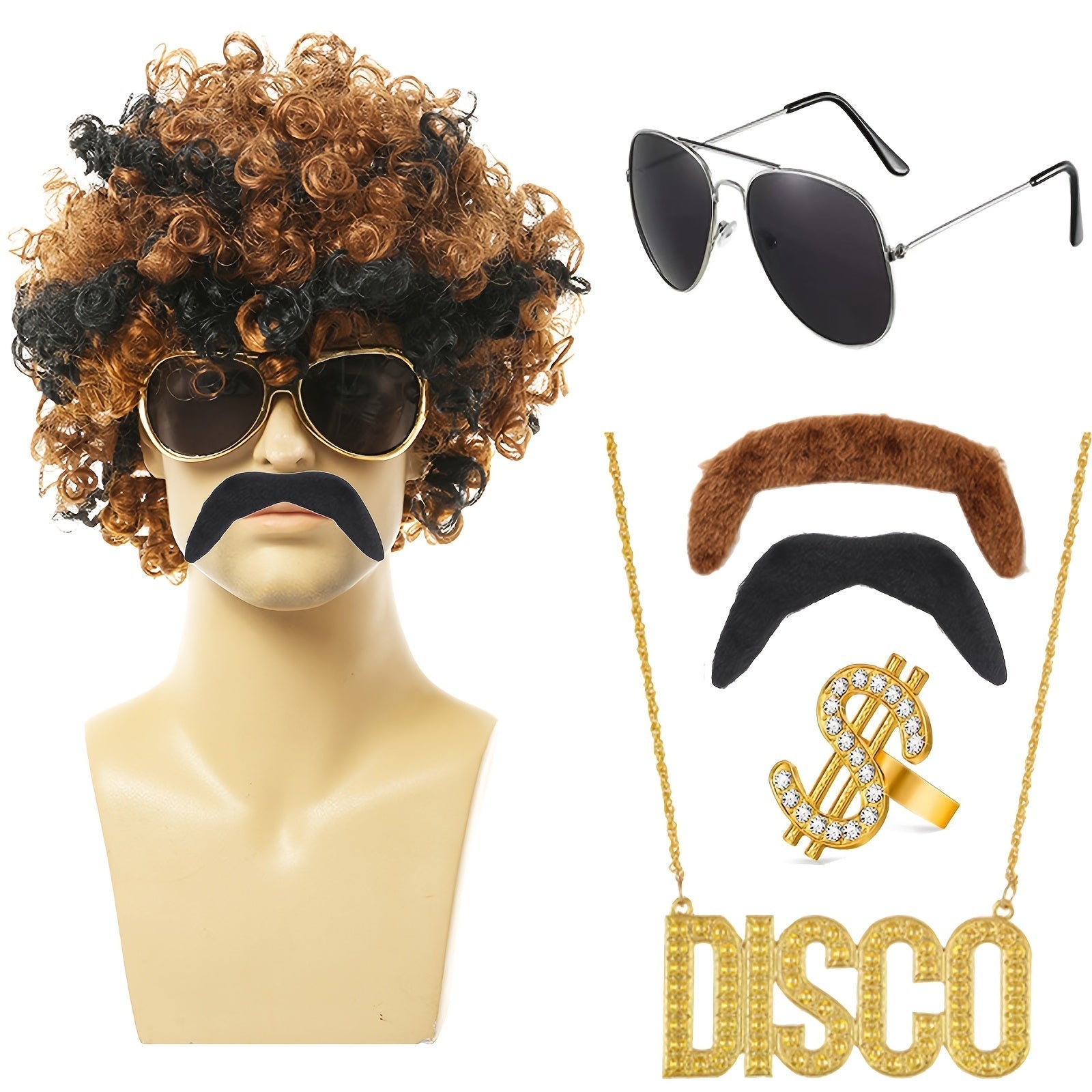 Conjunto de disfraz de los 70s y 80s con peluca rizada, gafas, bigote y collar para fiesta