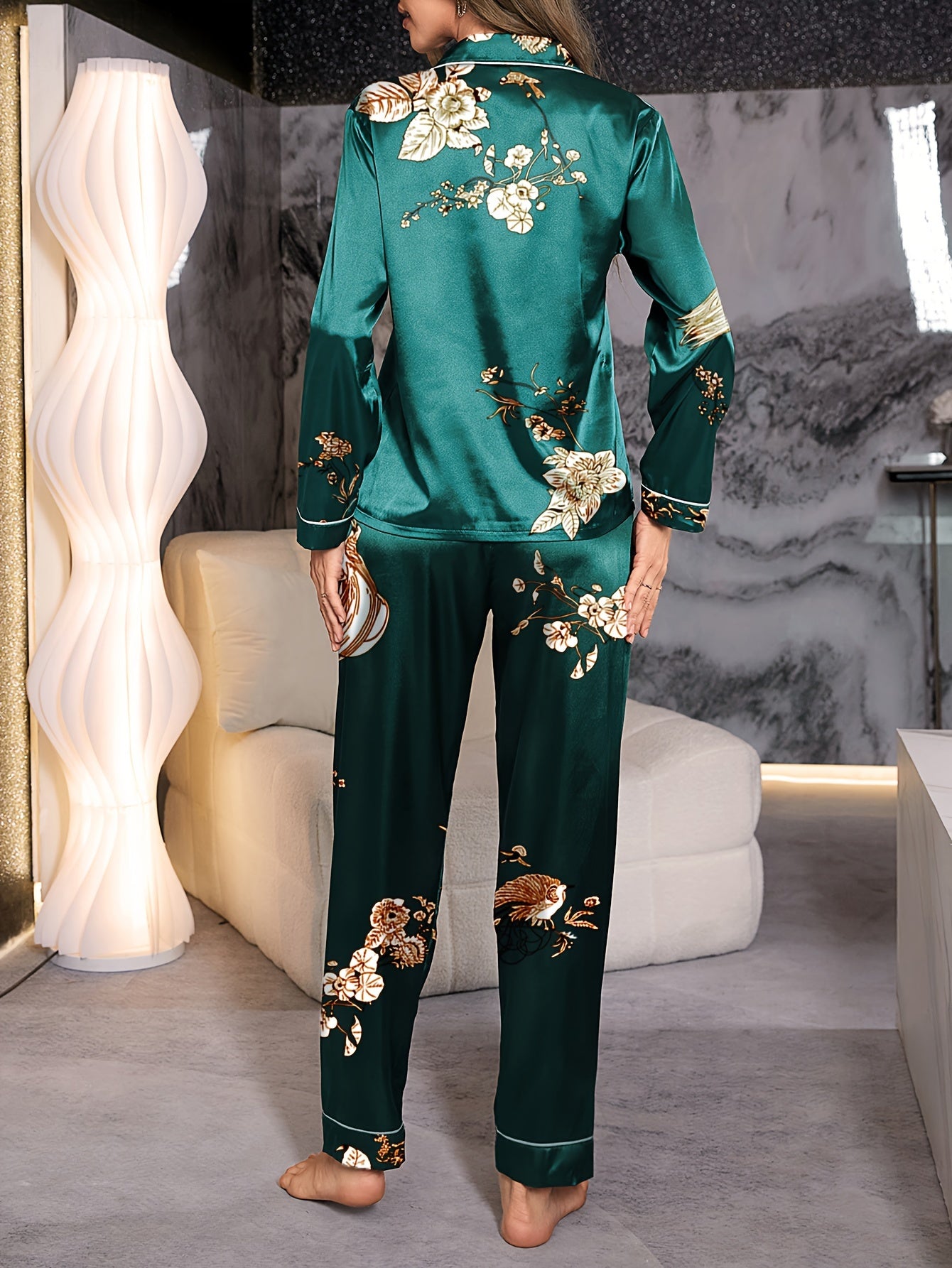 Women's Satin Floral Pajama Set with Long Sleeve Lapel Top and Pants