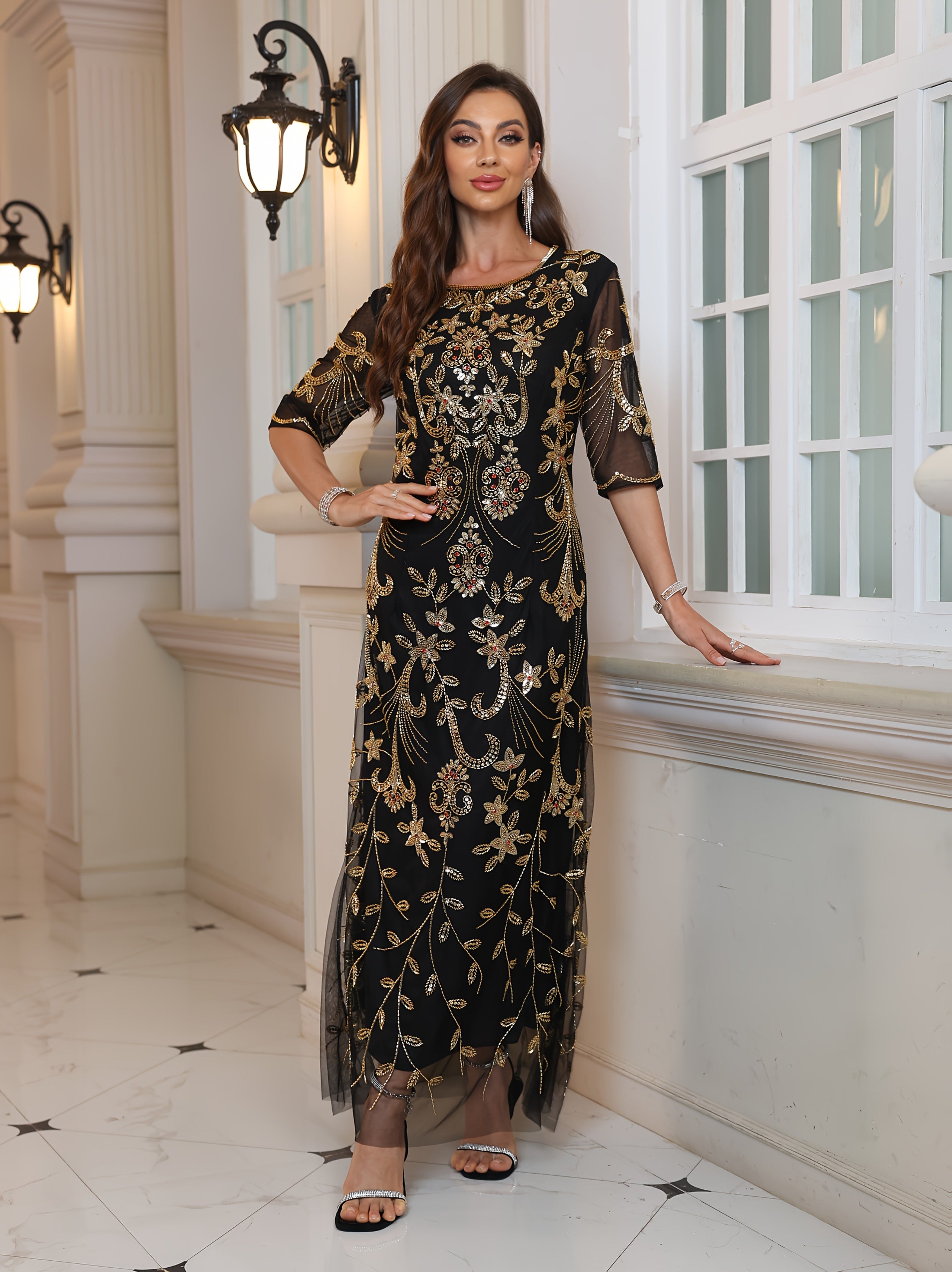Women's Geometric Maxi Dress Black Gold Floral Formal Gown