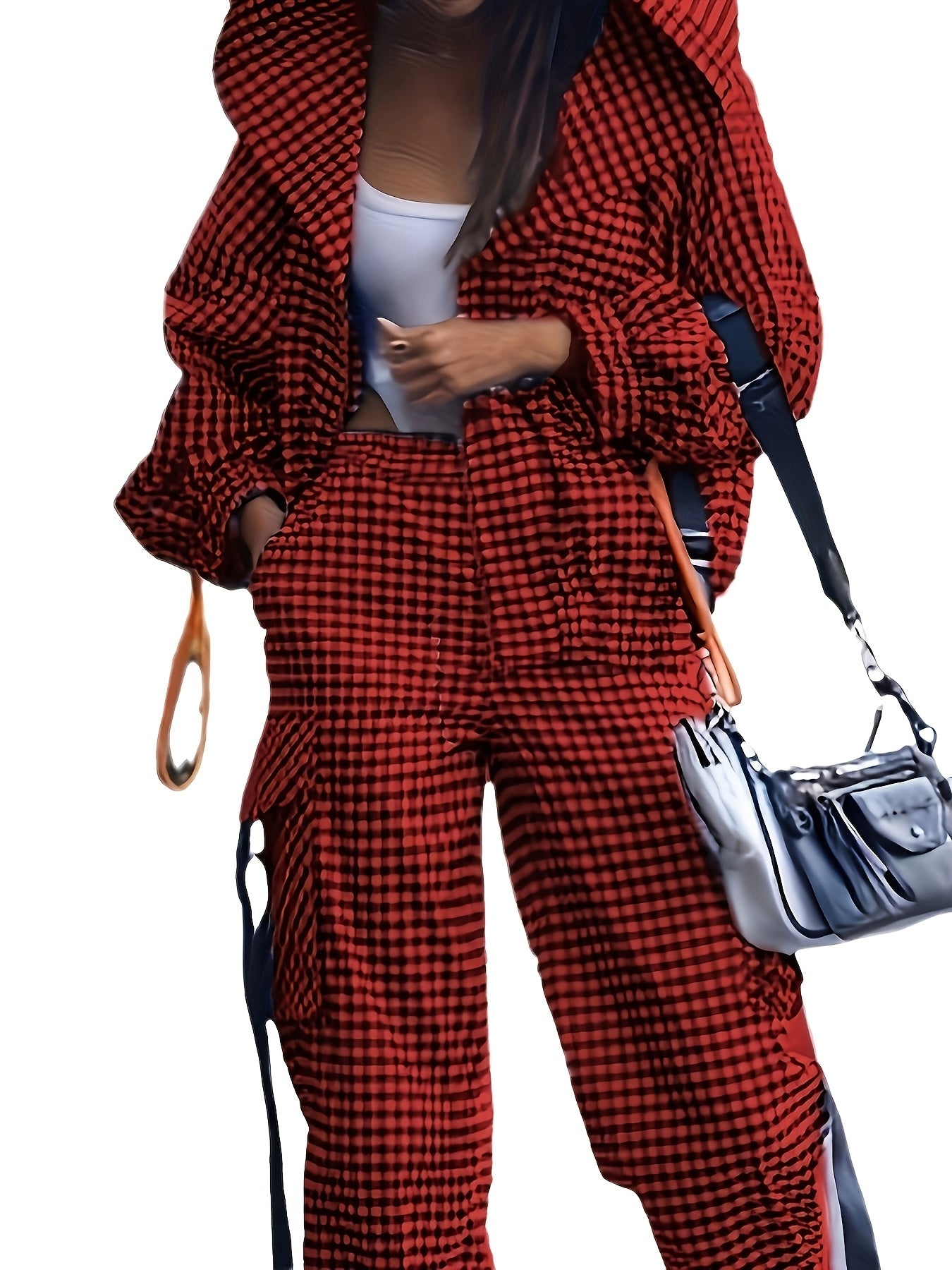 Women's Gingham Pantsuit with Lapel Collar and Zipper Details for Fall Winter